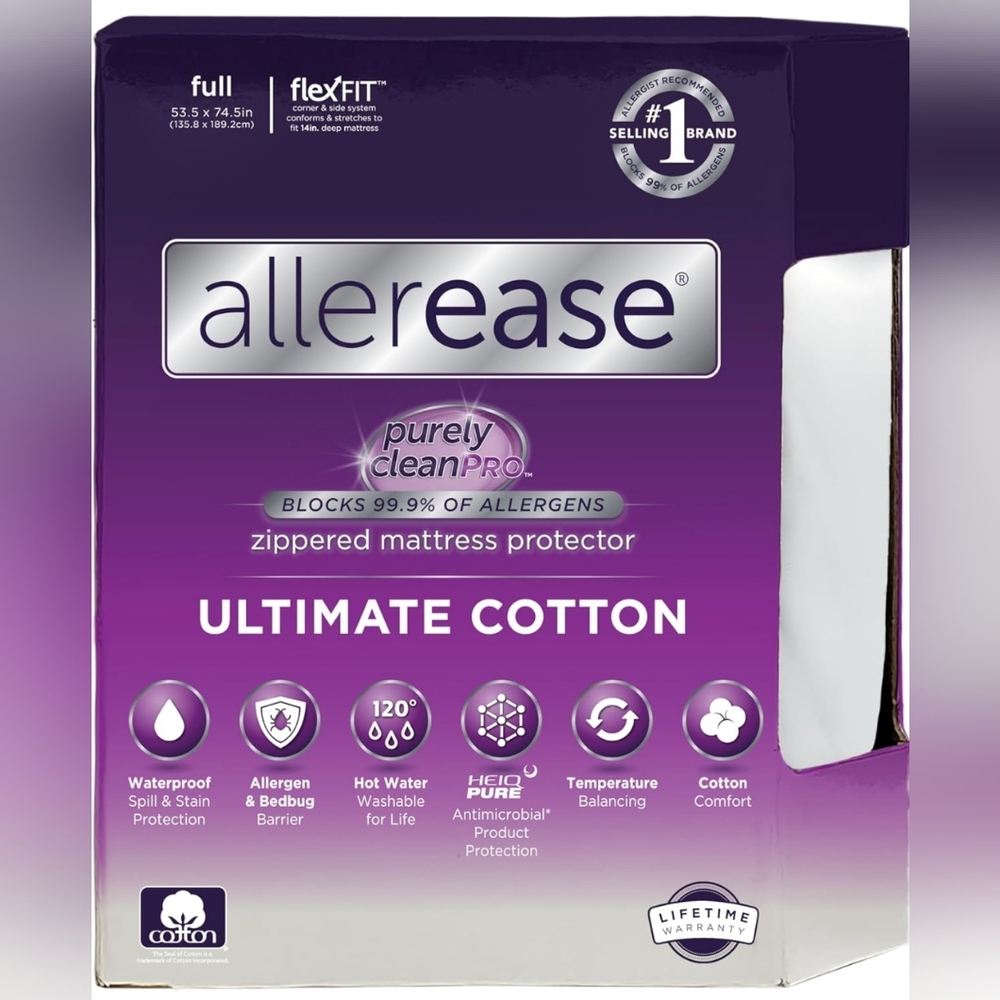 AllerEase Ultimate Cotton Zippered Mattress Protector, Full Size, NWT
